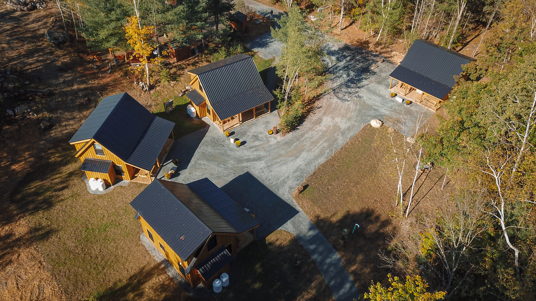 Aerial view of all four Swiftwater Cabin Getaways